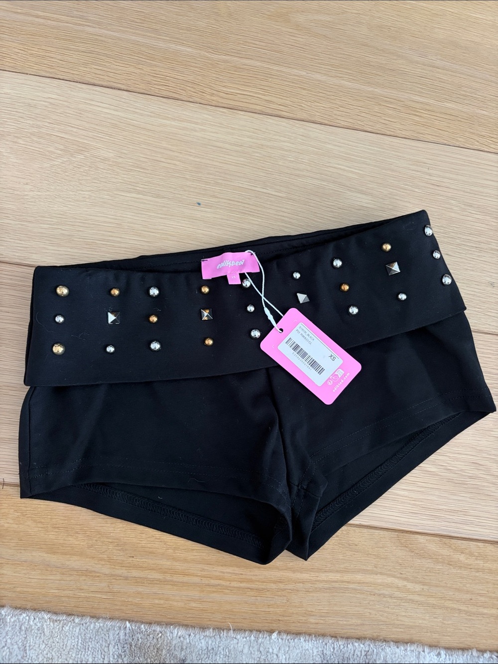 Edikted Black Stud-Embellished Fold-Over Waist Bike Shorts